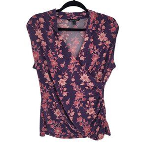41 Hawthorn womens large purple pink floral sleeveless faux wrap stretchy top